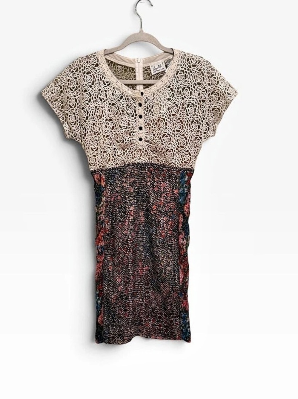 Beguile by Byron Lars Cream Rose Lace & Printed Bodycon Dress 4 Anthropologie